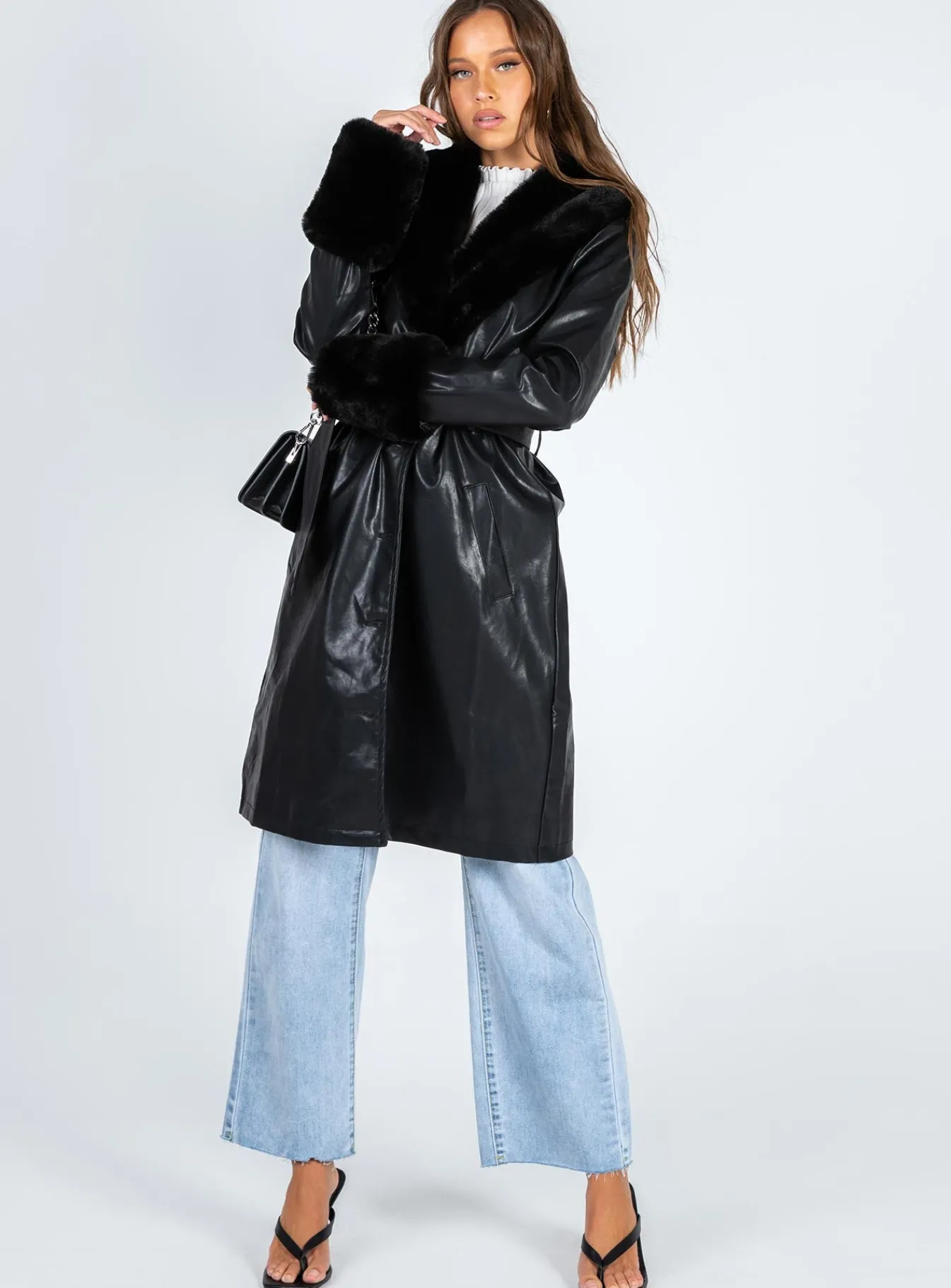 Princess Polly Brooklyn Faux Leather Long Coat Black Clearance
