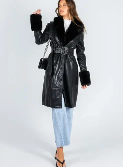 Princess Polly Brooklyn Faux Leather Long Coat Black Clearance