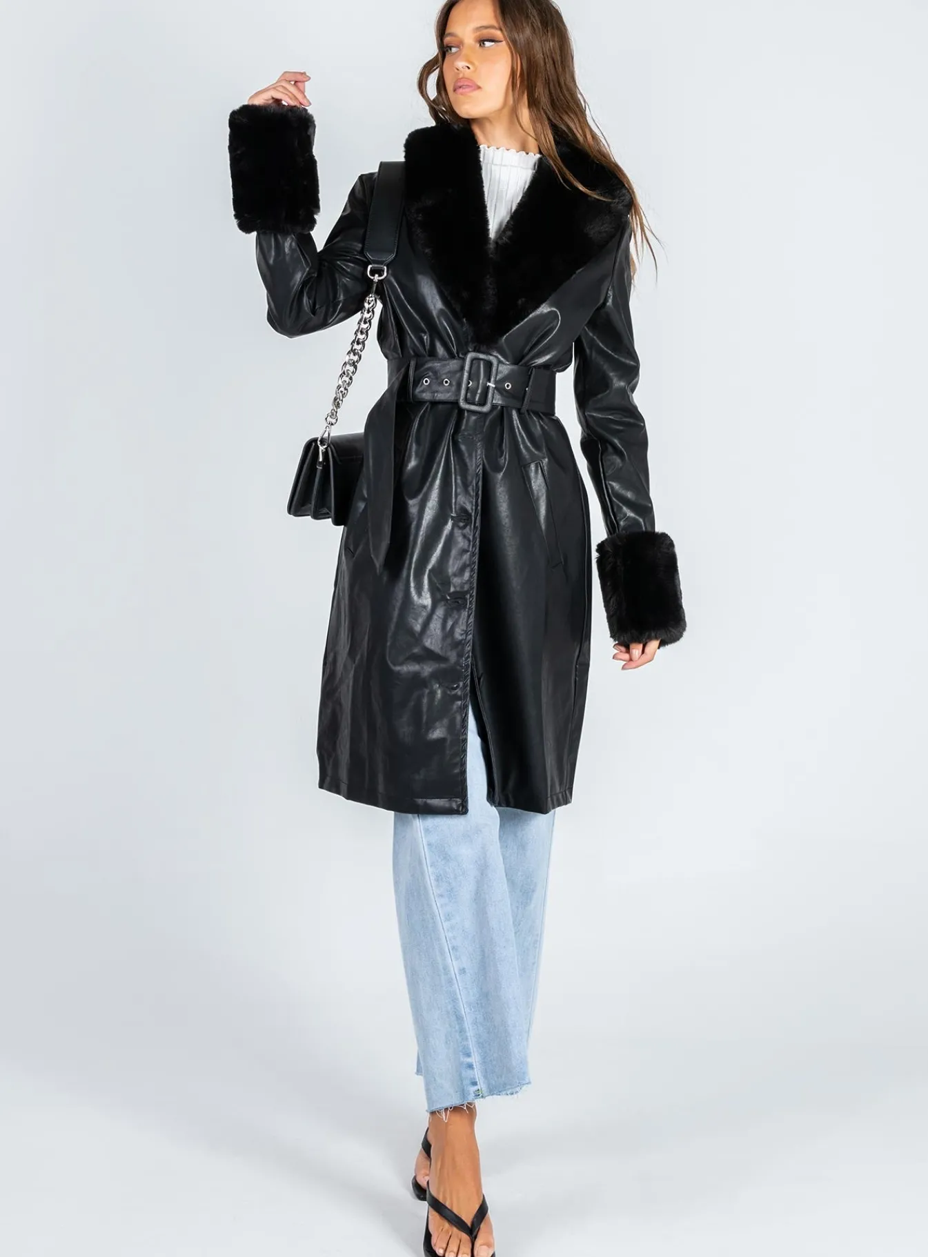 Princess Polly Brooklyn Faux Leather Long Coat Black Clearance