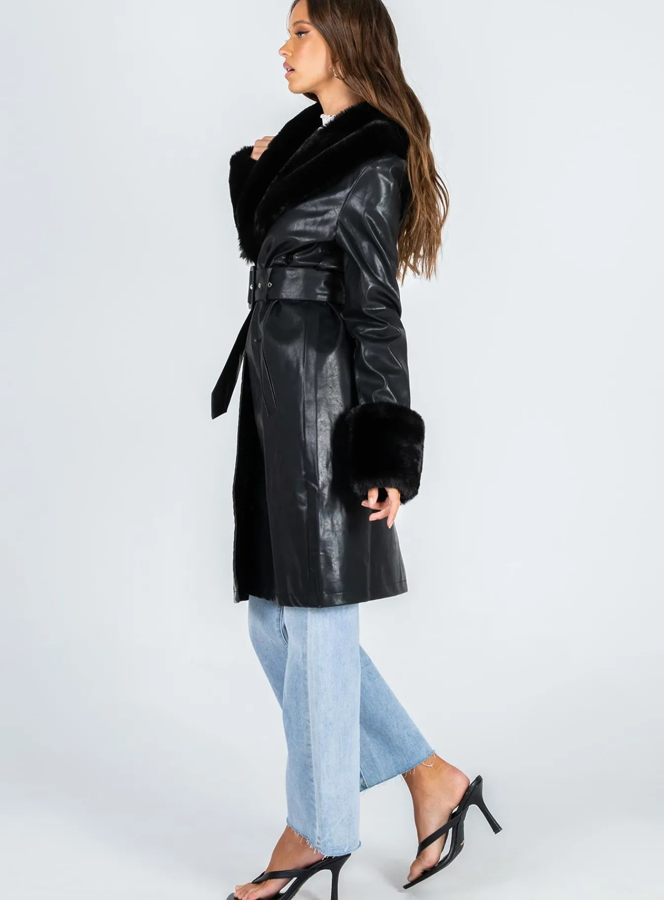 Princess Polly Brooklyn Faux Leather Long Coat Black Clearance