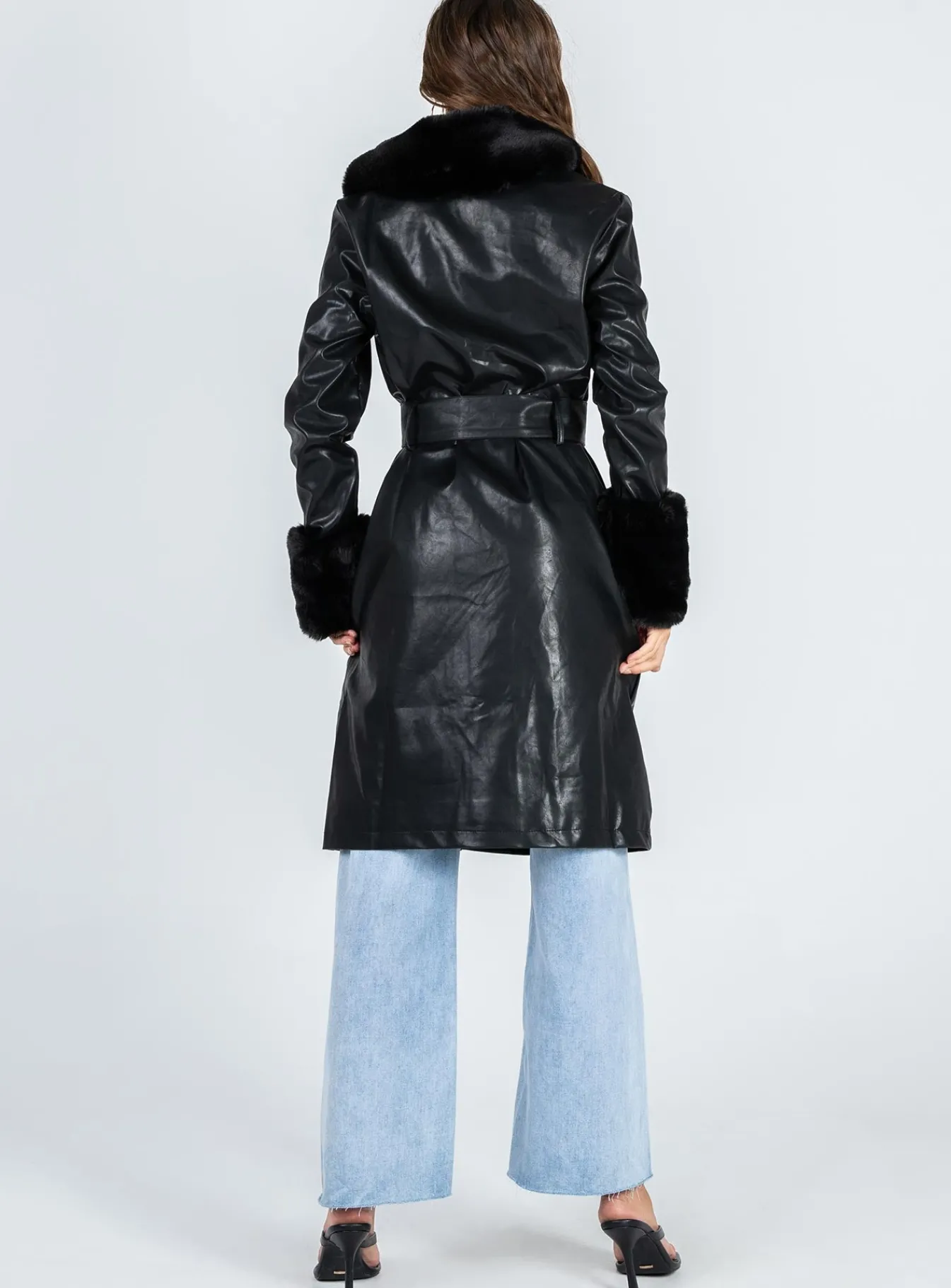 Princess Polly Brooklyn Faux Leather Long Coat Black Clearance