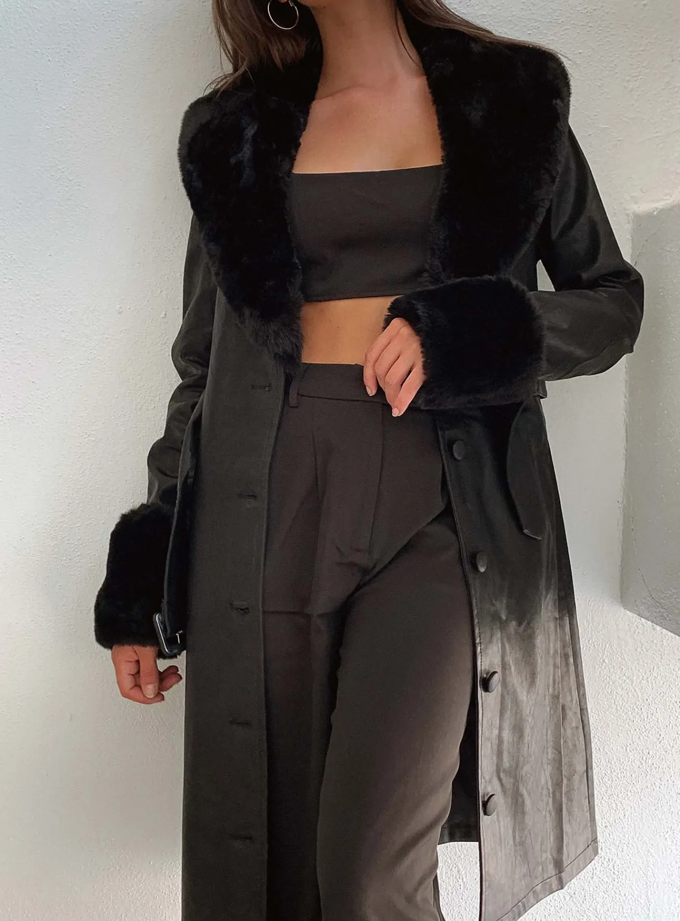 Princess Polly Brooklyn Faux Leather Long Coat Black Clearance