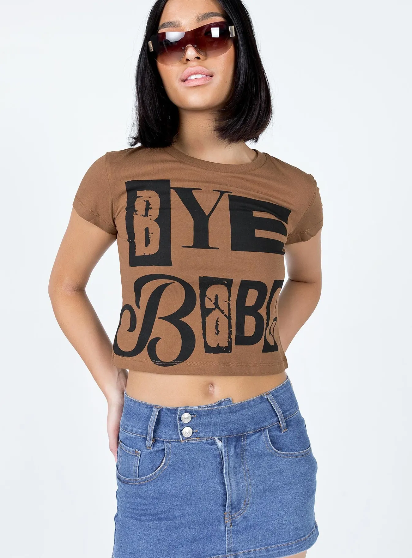 Princess Polly Bye Babe Shrunken Tee Brown New