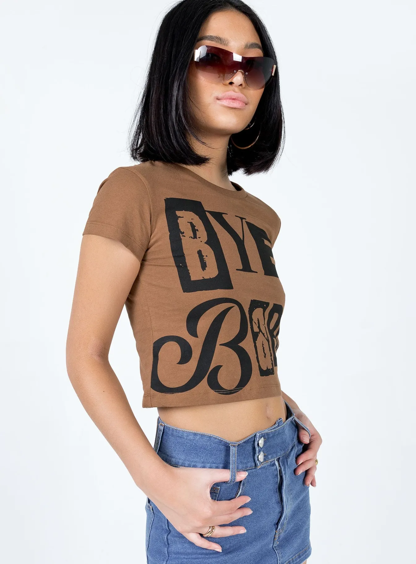 Princess Polly Bye Babe Shrunken Tee Brown New