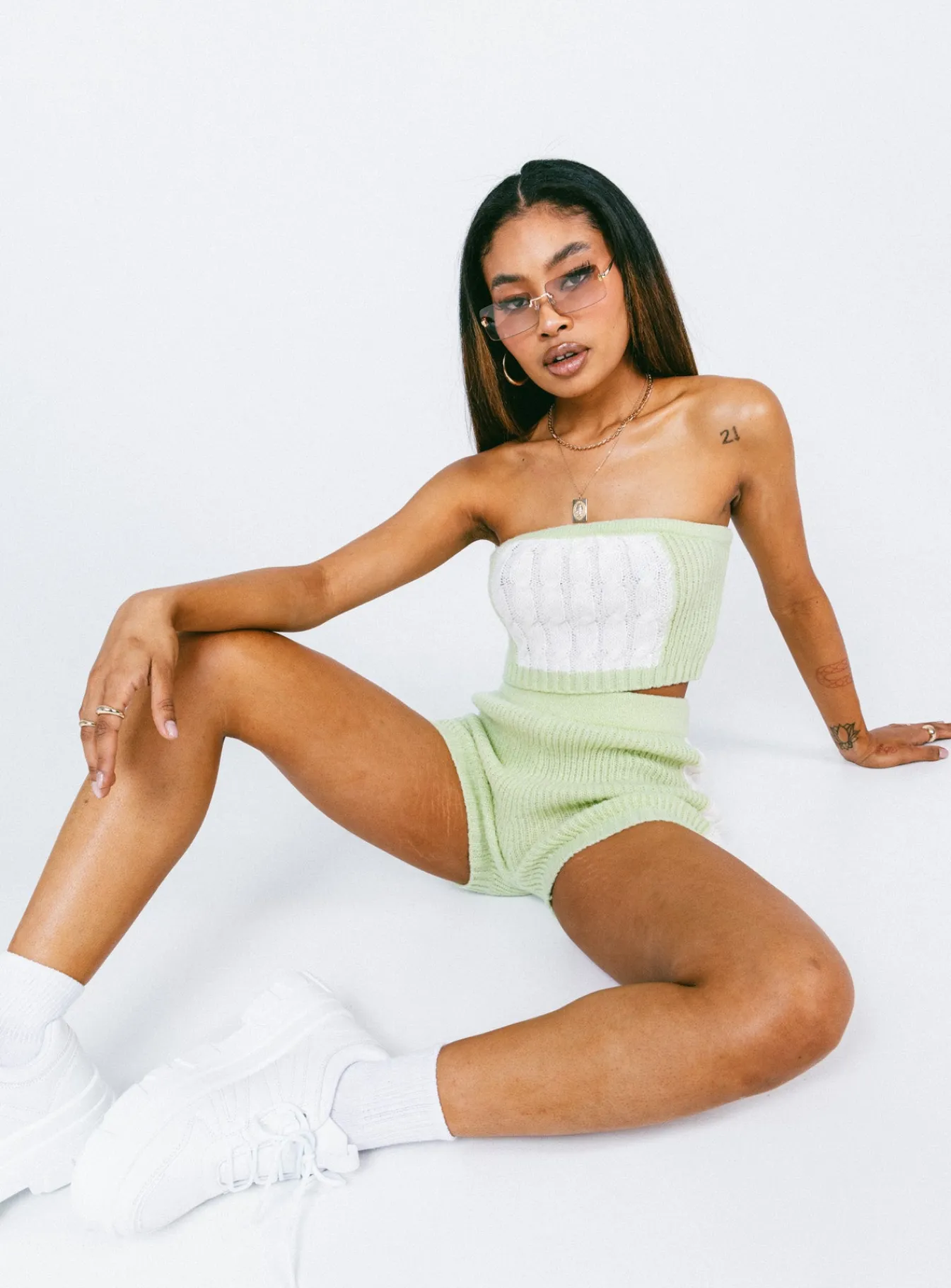 Princess Polly Cal Cable Knit Shorts Green Flash Sale