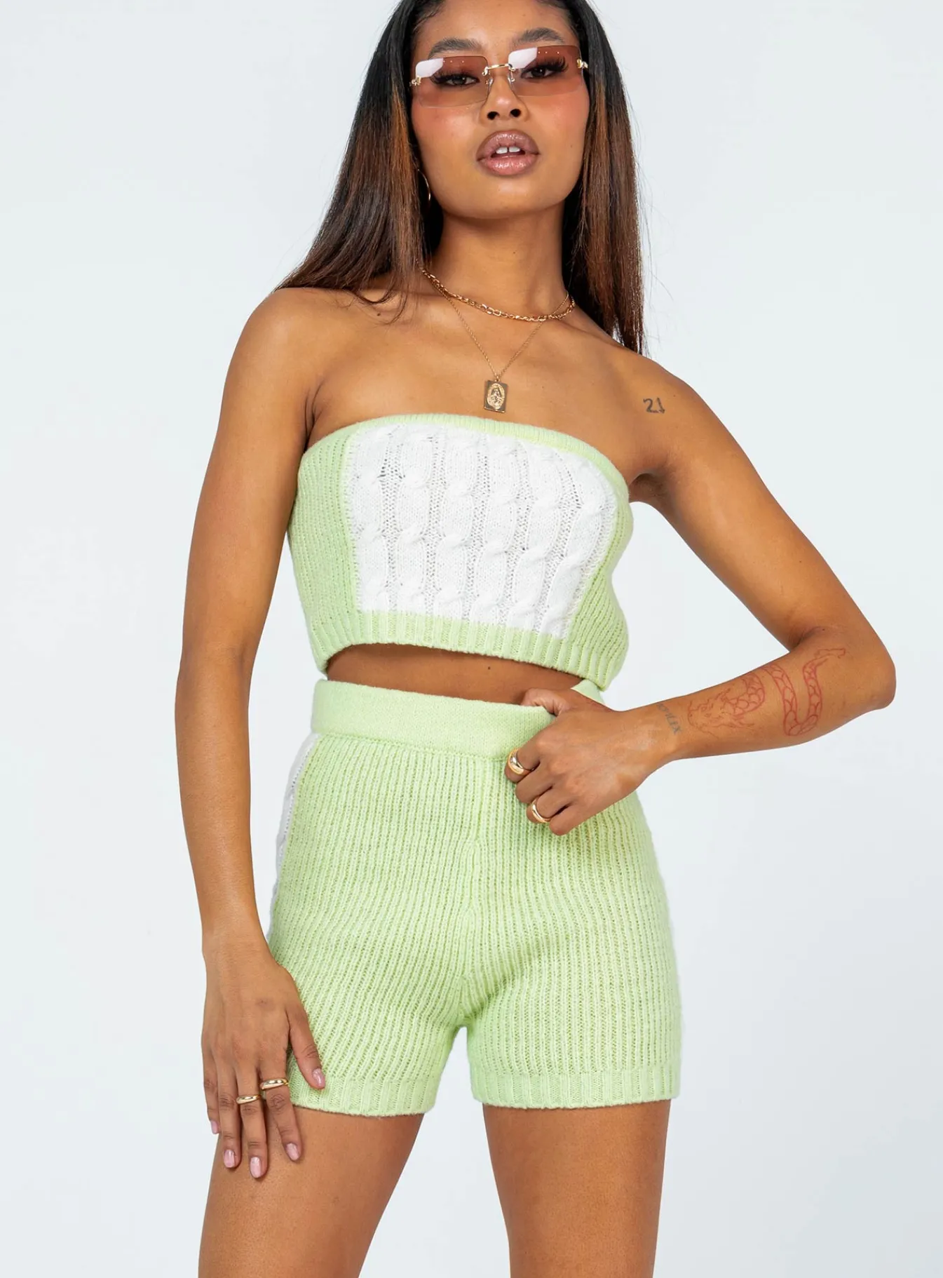 Princess Polly Cal Cable Knit Shorts Green Flash Sale