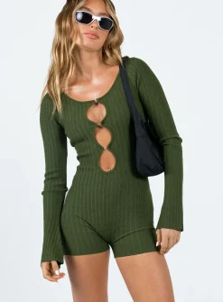 Princess Polly Calia Long Sleeve Romper  Green Flash Sale