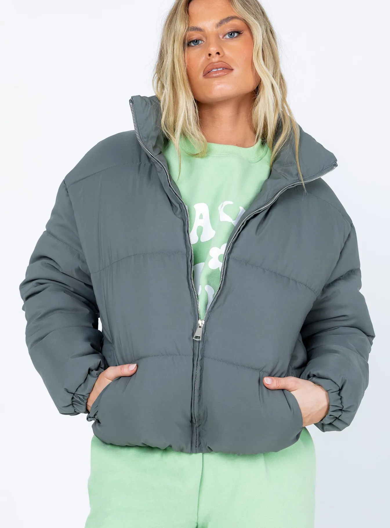 Princess Polly Callanie Puffer Jacket Green New