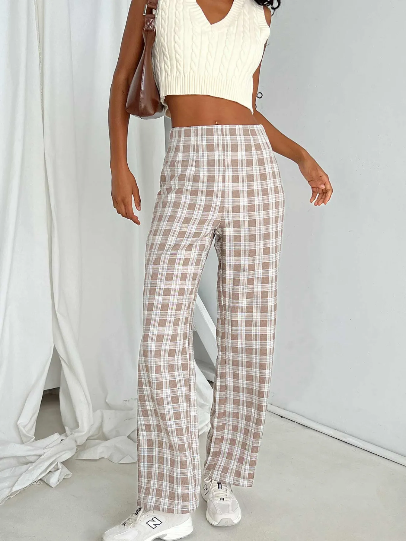 Princess Polly Caronia Check Pants Beige Cheap