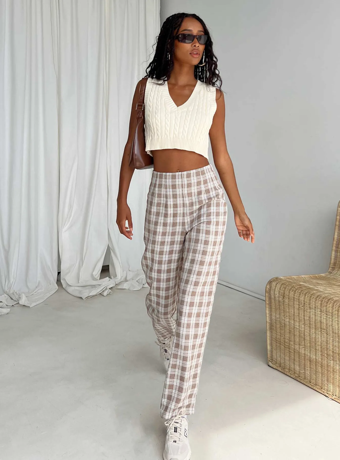 Princess Polly Caronia Check Pants Beige Cheap