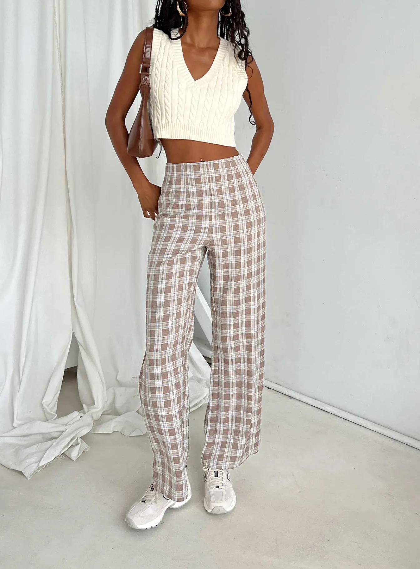 Princess Polly Caronia Check Pants Beige Cheap