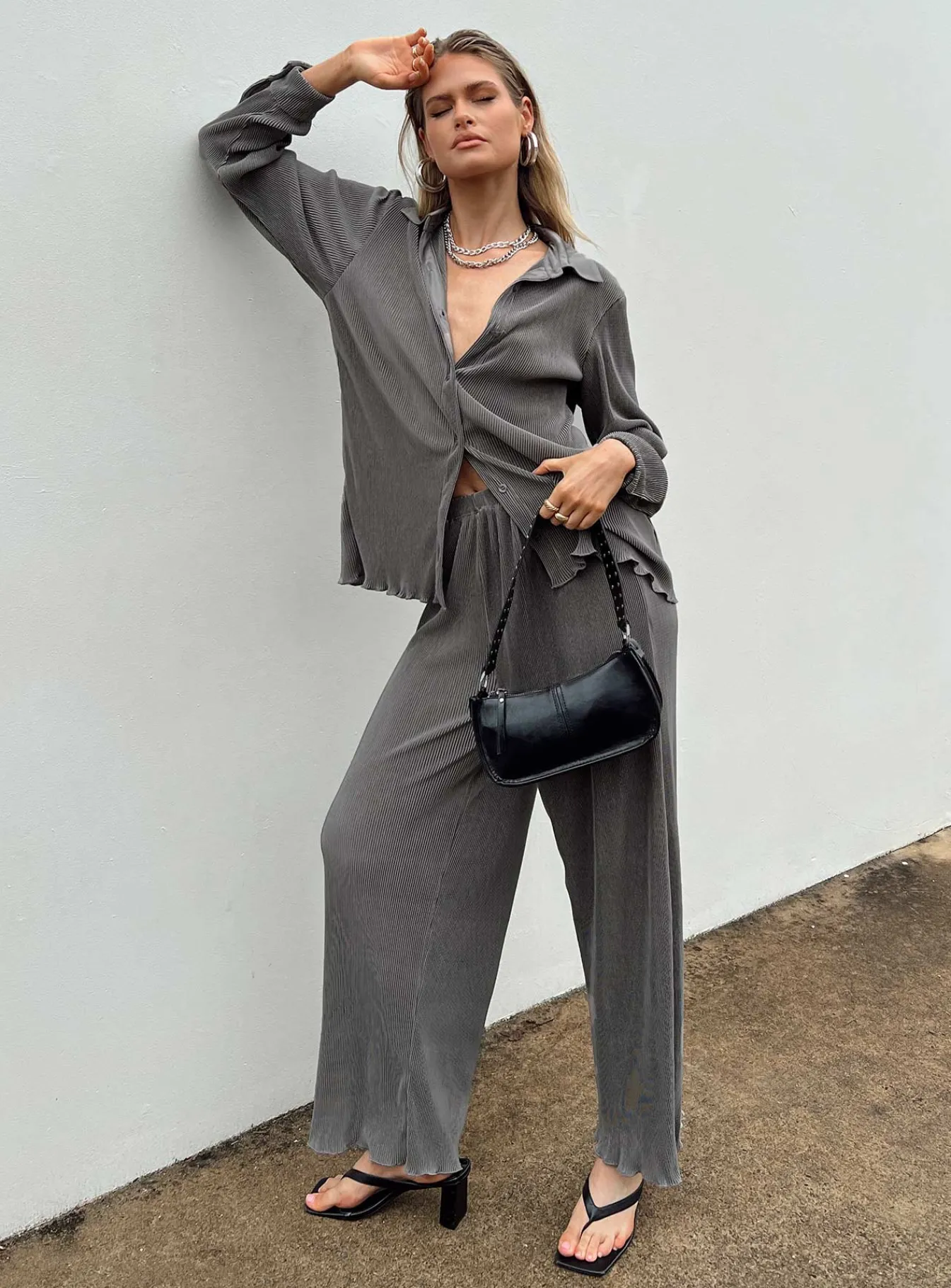 Princess Polly Cartmore Plisse Pants Charcoal Grey New