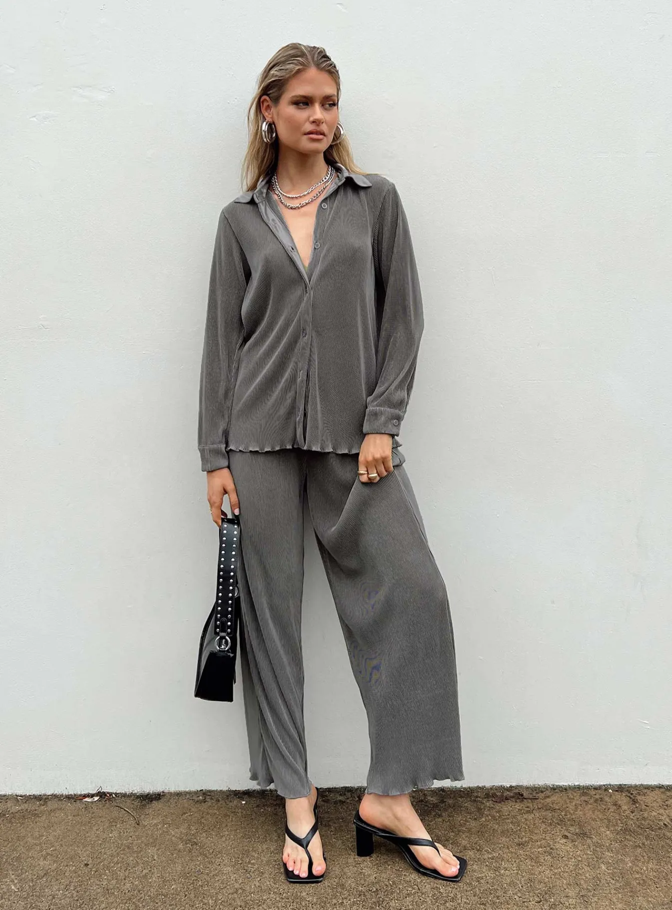 Princess Polly Cartmore Plisse Pants Charcoal Grey New
