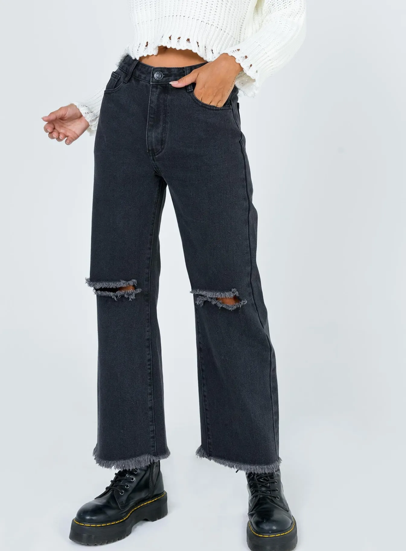 Princess Polly Cece Hammer Wide Leg Knee Rip Jeansdenim Black Cheap