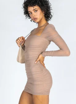 Princess Polly Charvi Long Sleeve Mini Dress  Beige Store