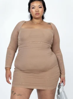Princess Polly Charvi Long Sleeve Mini Dresscurve   Tan Outlet