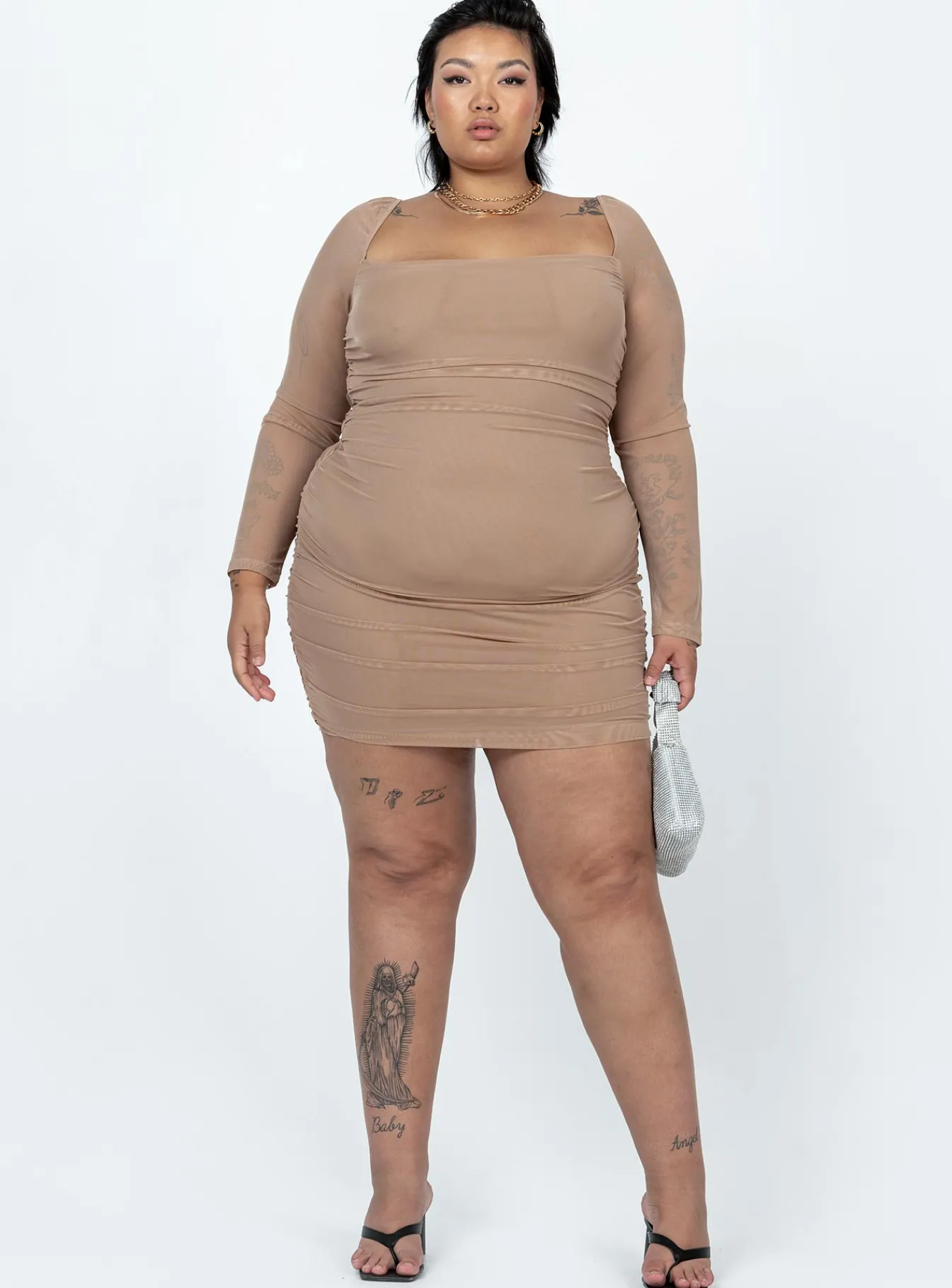 Princess Polly Charvi Long Sleeve Mini Dresscurve Tan Outlet