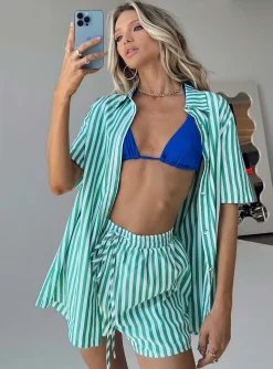 Princess Polly Chloe Short Sleeve Set  Green Stripe New