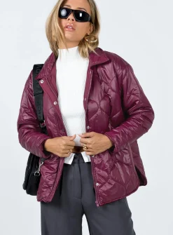 Princess Polly Cosmelia Quilted Puffer Jacket  Wine Discount