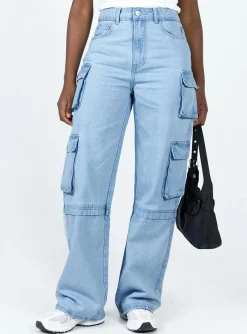 Princess Polly Darla Cargo Denim Jeans  Light Wash Denim New