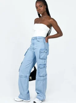 Princess Polly Darla Cargo Denim Jeans  Light Wash Denim New