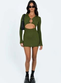 Princess Polly Demit Long Sleeve Mini Dress  Khaki Clearance