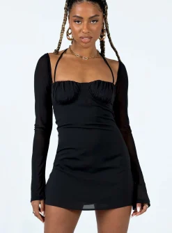 Princess Polly Dyer Sheer Sleeve Mini Dress  Black New