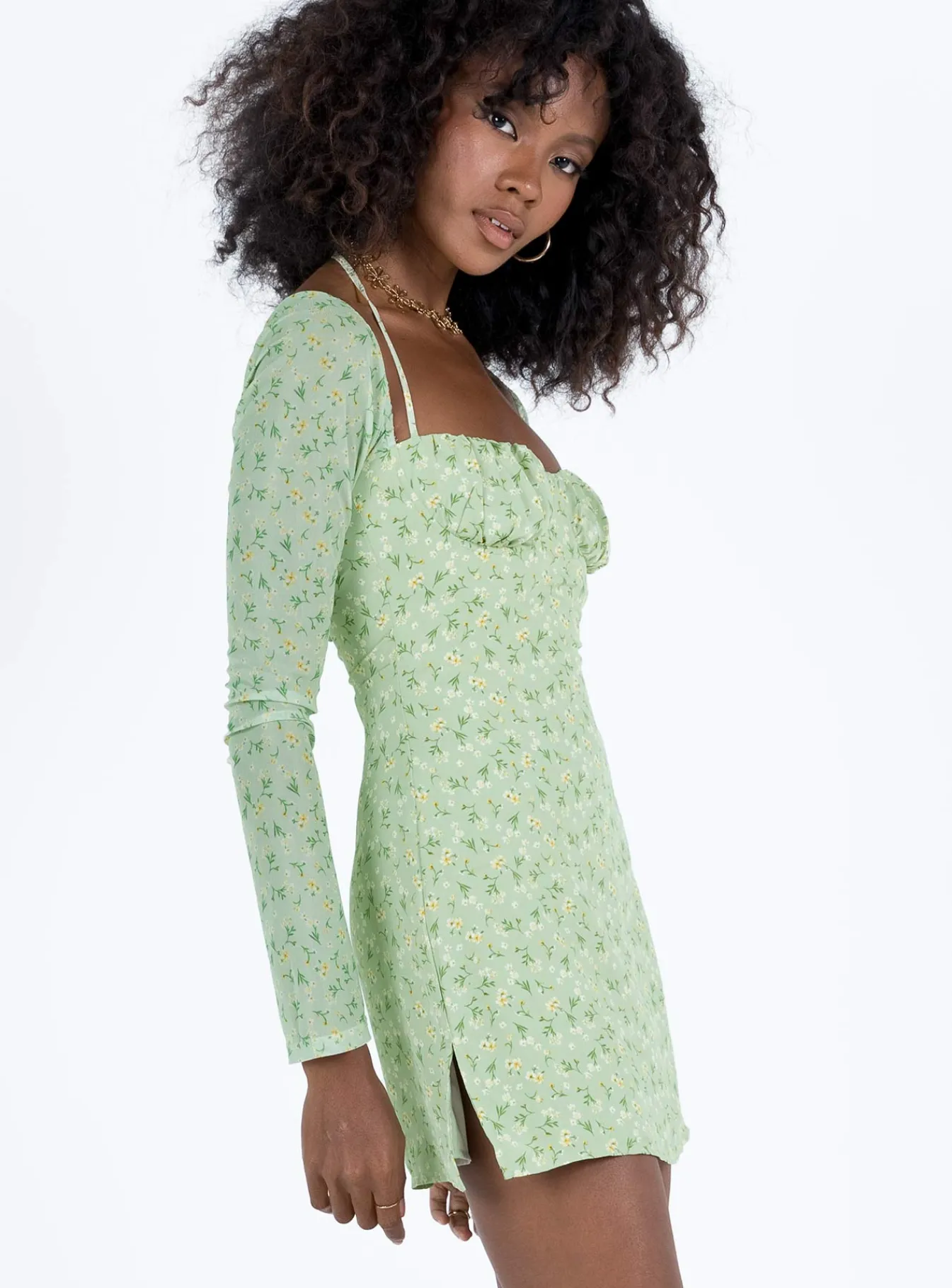 Princess Polly Dyer Sheer Sleeve Mini Dress Green Floral Discount