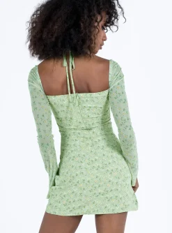Princess Polly Dyer Sheer Sleeve Mini Dress Green Floral Discount