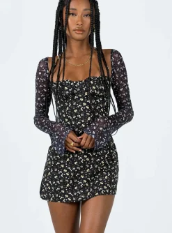 Princess Polly Dyer Sheer Sleeve Mini Dressfloral   Black Cheap