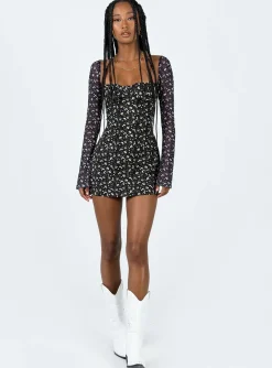 Princess Polly Dyer Sheer Sleeve Mini Dressfloral Black Cheap