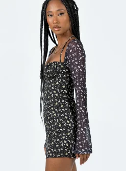 Princess Polly Dyer Sheer Sleeve Mini Dressfloral Black Cheap
