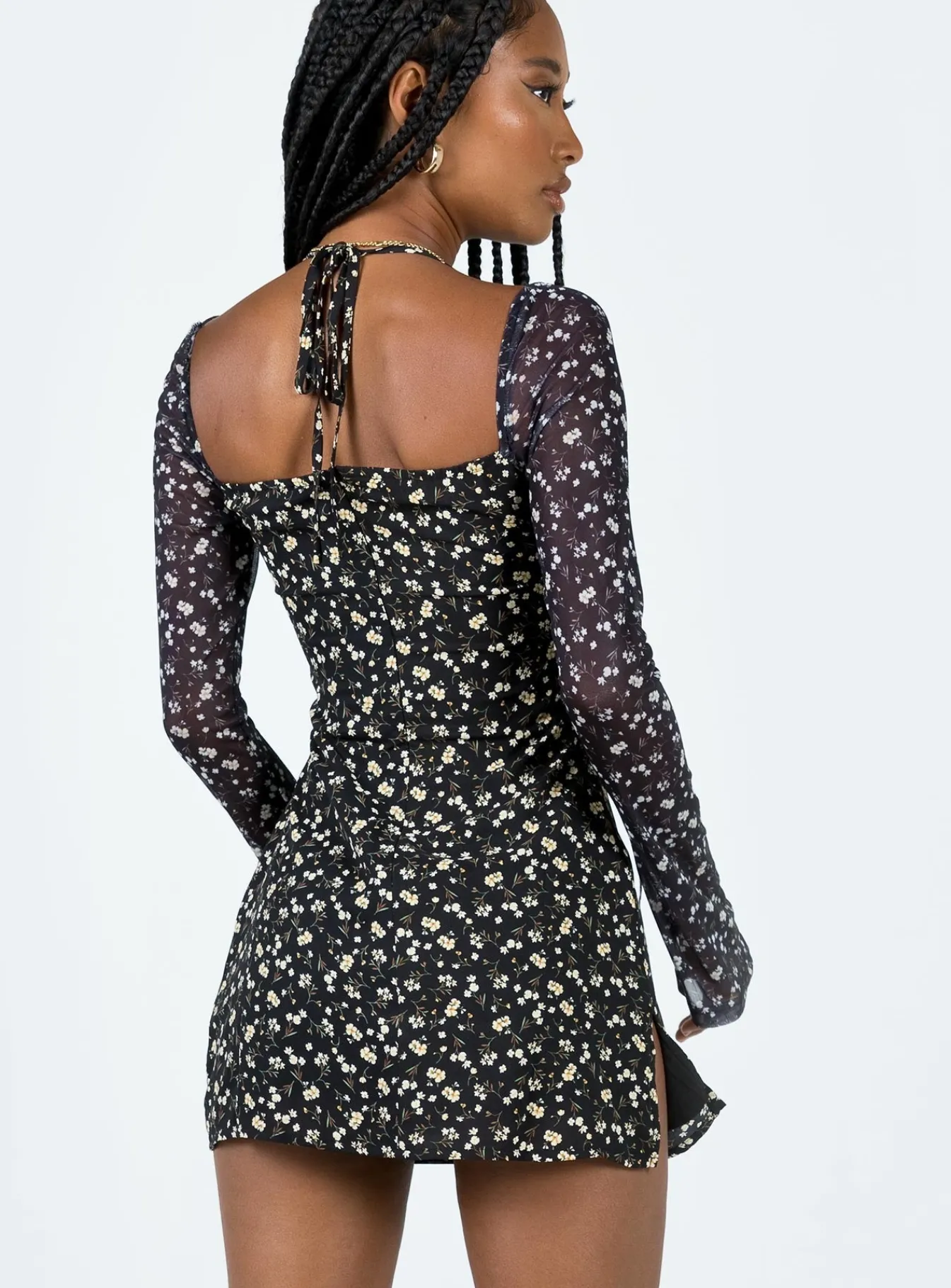 Princess Polly Dyer Sheer Sleeve Mini Dressfloral Black Cheap