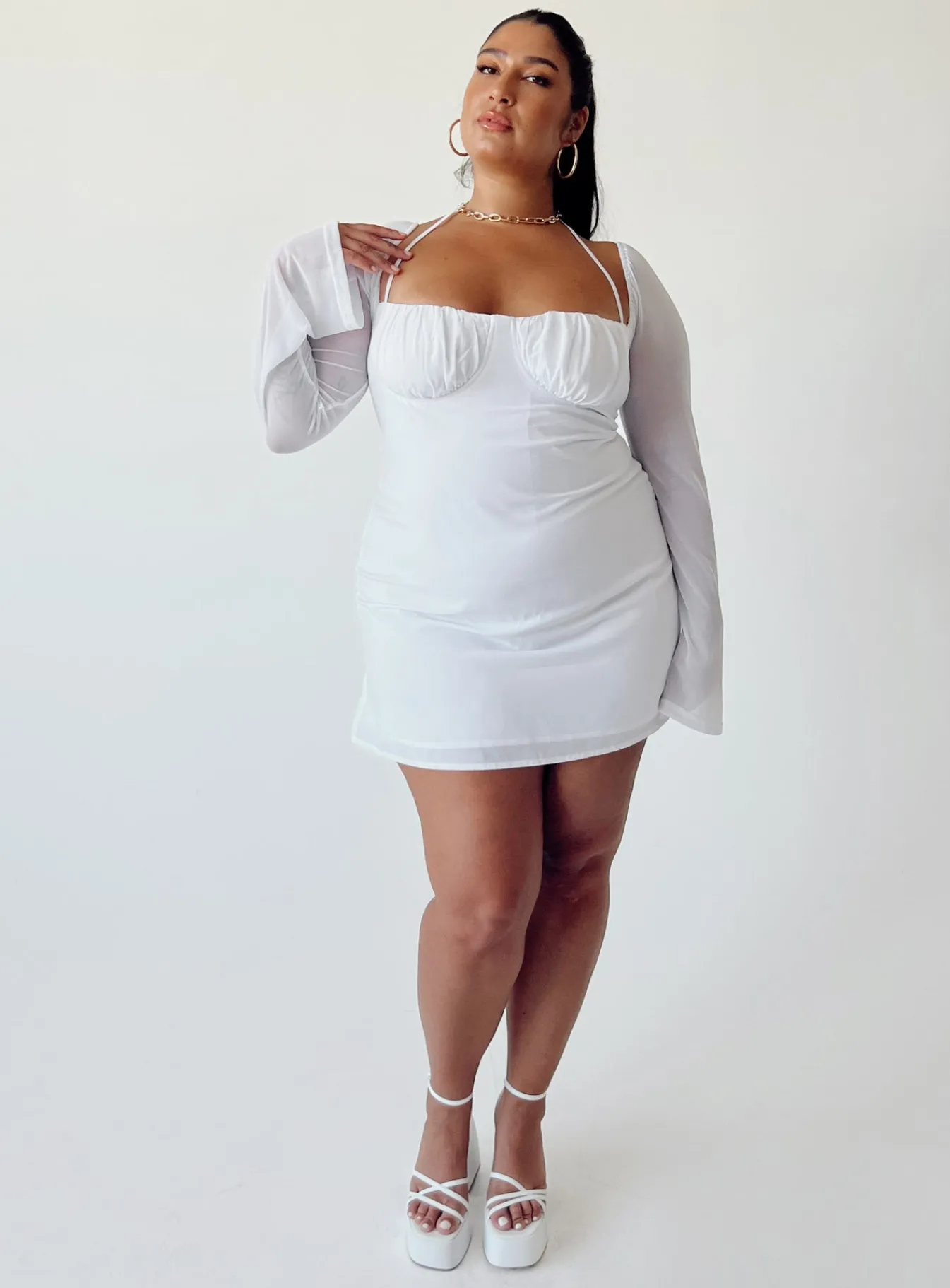 Princess Polly Dyer Sheer Sleeve Mini Dresscurve White Discount