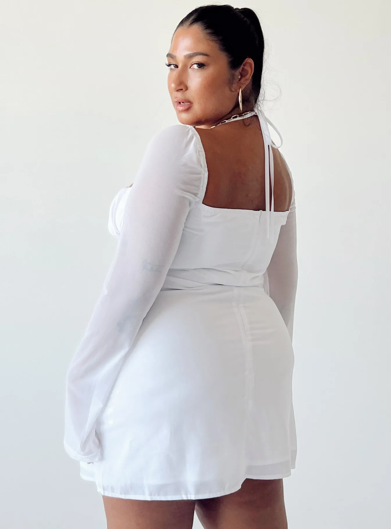 Princess Polly Dyer Sheer Sleeve Mini Dresscurve White Discount