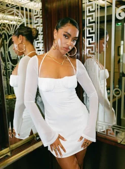 Princess Polly Dyer Sheer Sleeve Mini Dresslow Impact White Best