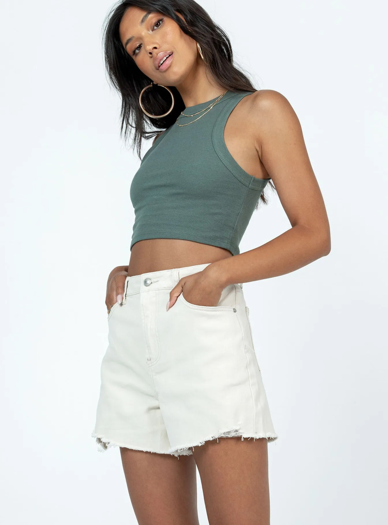 Princess Polly Elena Denim Shorts Cream New