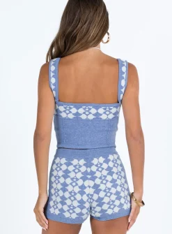 Princess Polly Elewa Geo Knit Shorts  Blue / White New