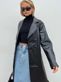 Princess Polly Elgata Pu Trench Coat  Black New