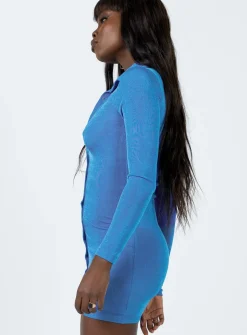 Princess Polly Elody Long Sleeve Mini Dress Blue Discount