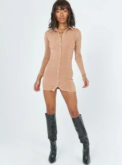 Princess Polly Elody Long Sleeve Mini Dress  Brown Outlet