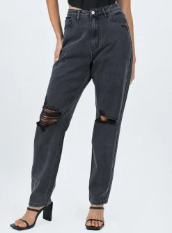 Princess Polly Emmette High Waisted Mom Jean Washed  Black Clearance