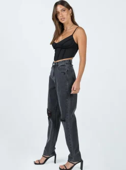 Princess Polly Emmette High Waisted Mom Jean Washed  Black Clearance