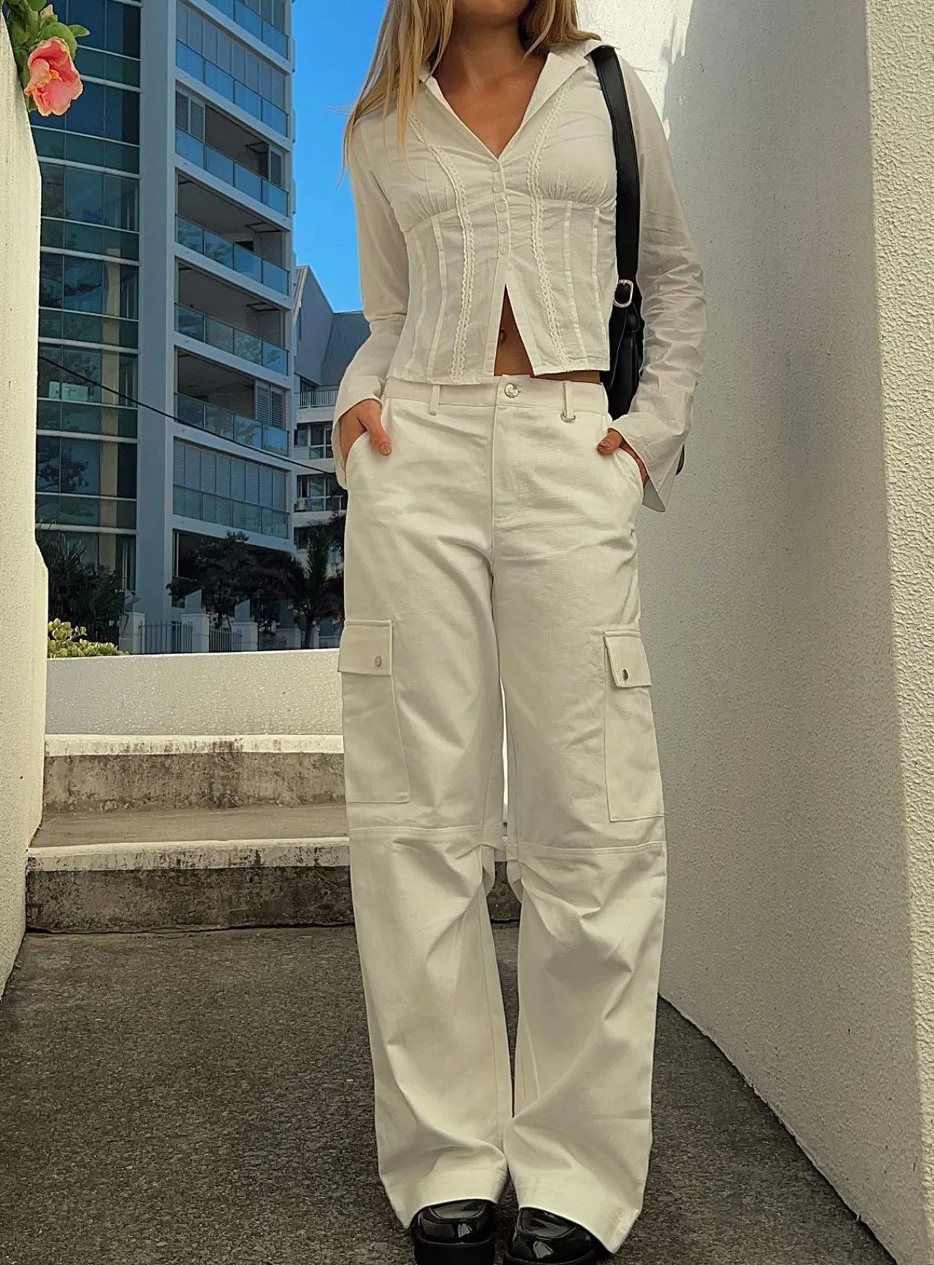 Princess Polly Fallout Mid Rise Cargo Pants White Discount