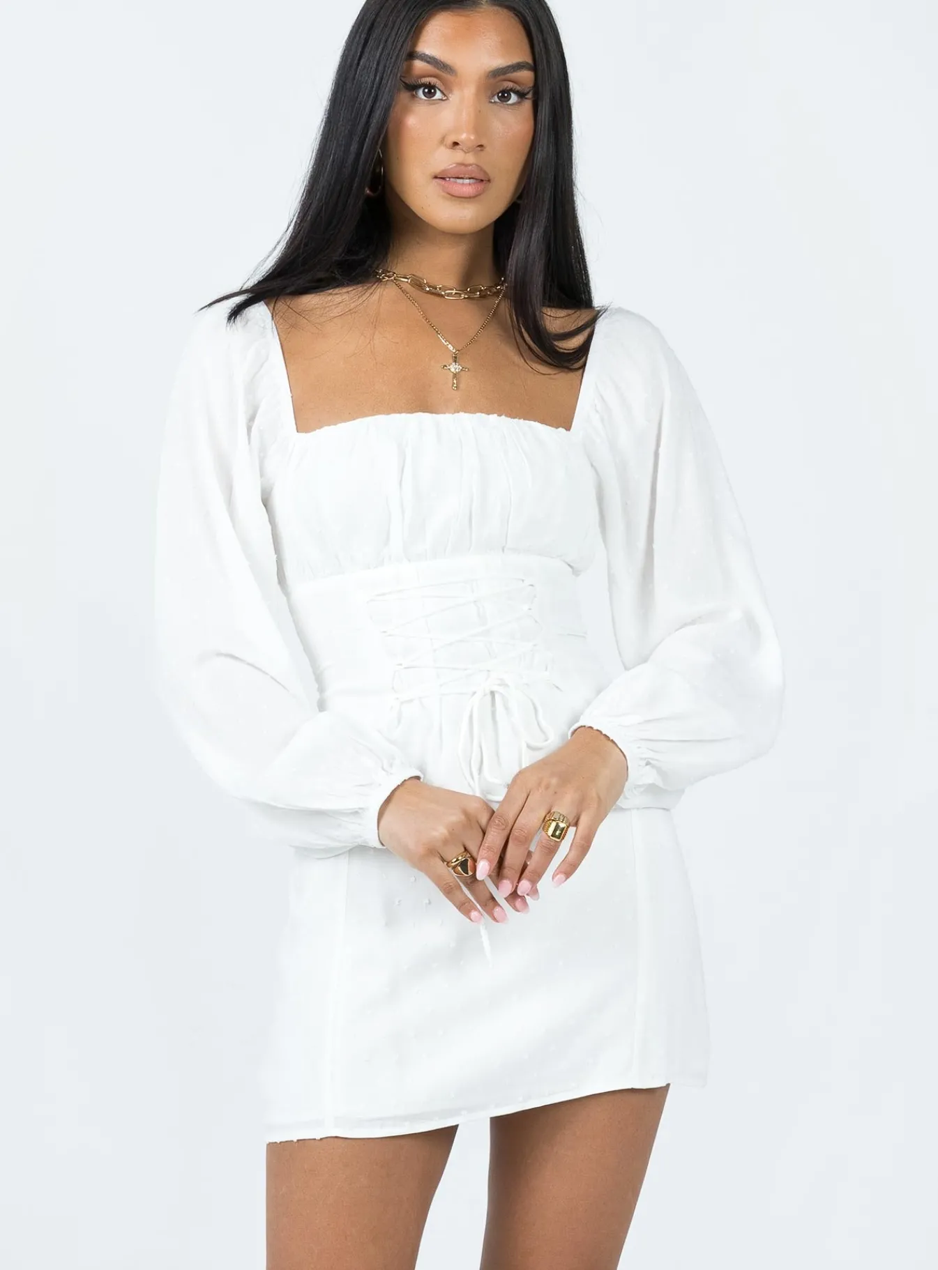 Princess Polly Fauce Long Sleeve Mini Dress Cream New