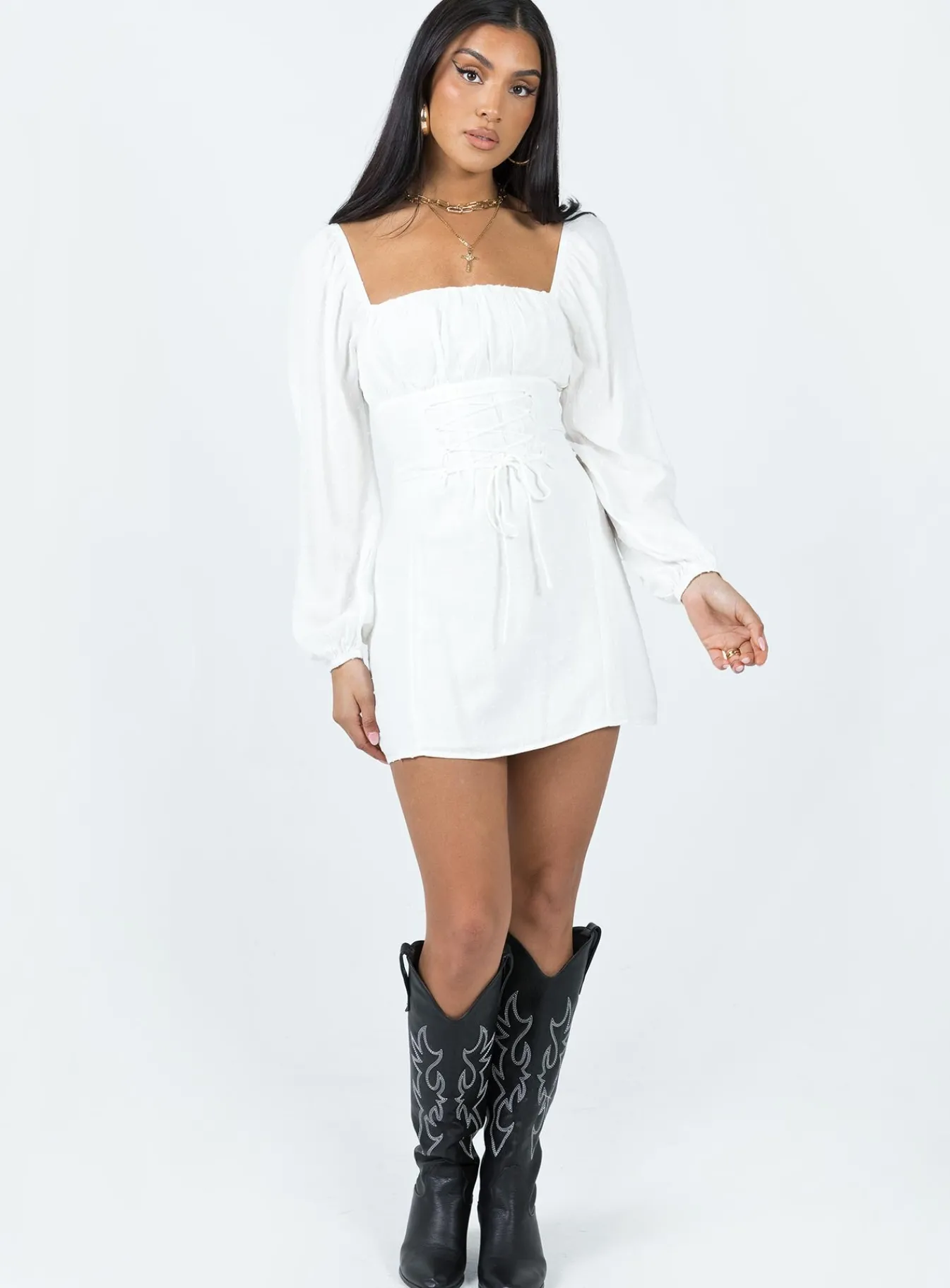 Princess Polly Fauce Long Sleeve Mini Dress Cream New