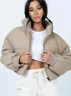Princess Polly Georgia Cropped Puffer Jacket  Beige Outlet