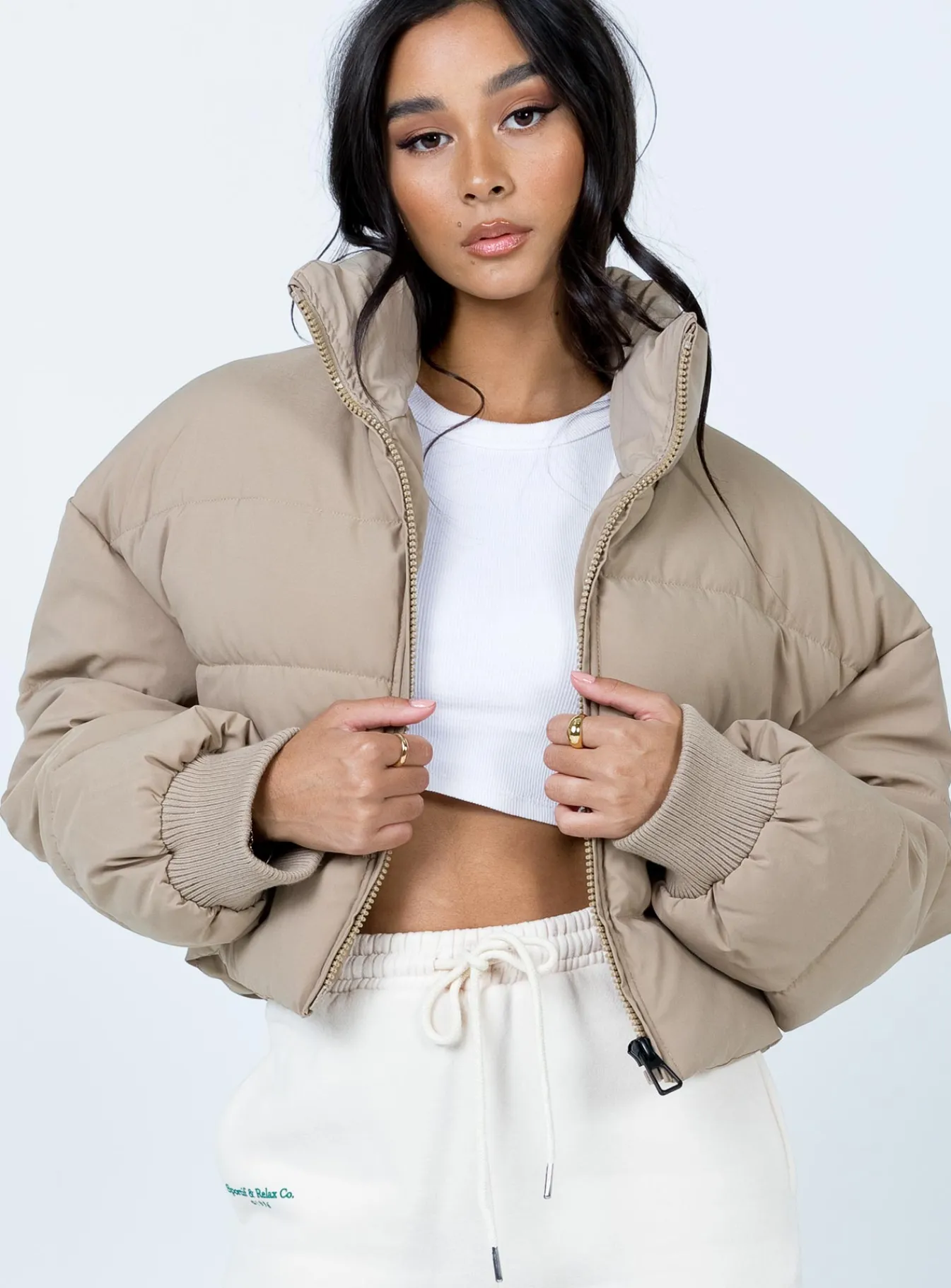 Princess Polly Georgia Cropped Puffer Jacket Beige Outlet