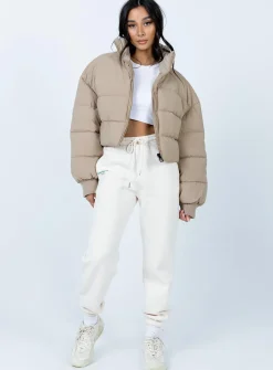 Princess Polly Georgia Cropped Puffer Jacket Beige Outlet