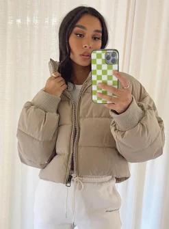 Princess Polly Georgia Cropped Puffer Jacket Beige Outlet